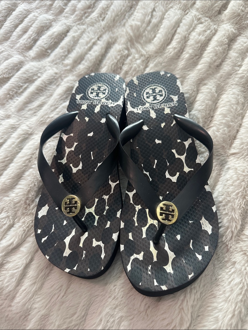 Tory Burch Women’s Black Printed Wedge Flip Flops with Logo Medallion